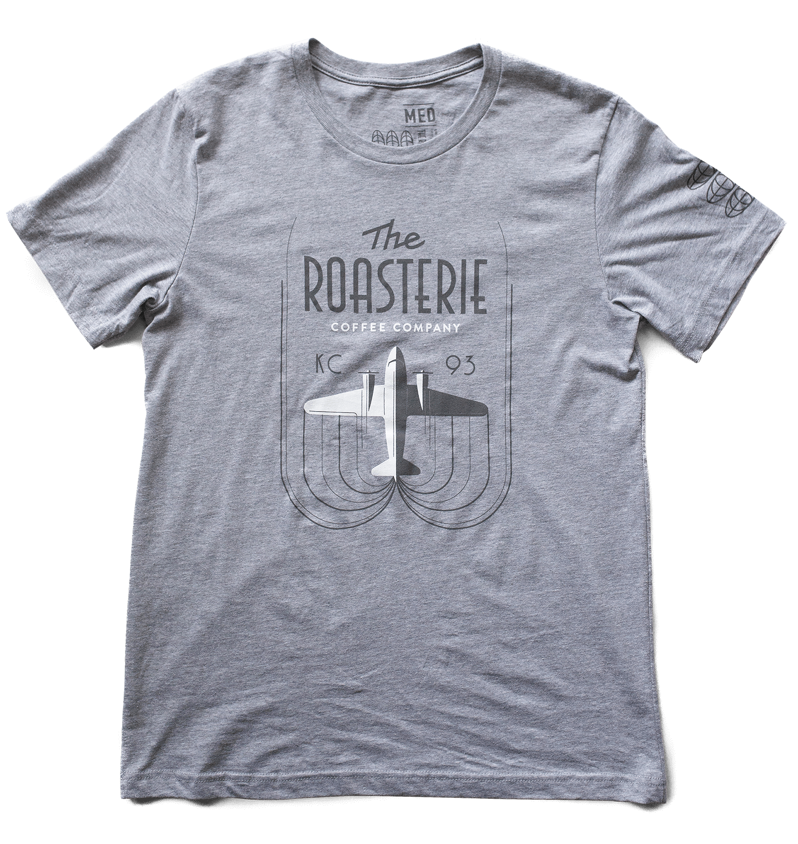 DC-3 Heather Grey Shirt featuring The Roasterie Coffee Company logo with vintage-style artwork of a DC-3 airplane centered on curved lines, printed in dark gray on a soft heather grey t-shirt with short sleeves and classic crew neck design.