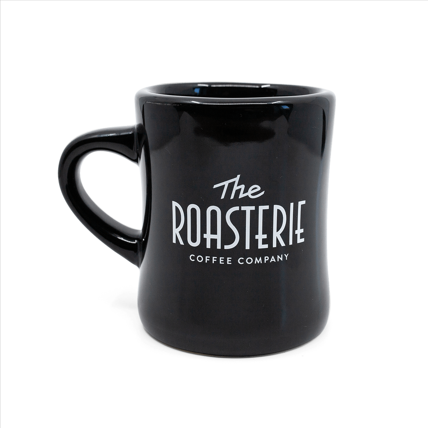 Black Diner Mug featuring The Roasterie Coffee Company logo in white text on a glossy black porcelain mug with classic diner-style thick walls and curved handle, photographed against a white background.