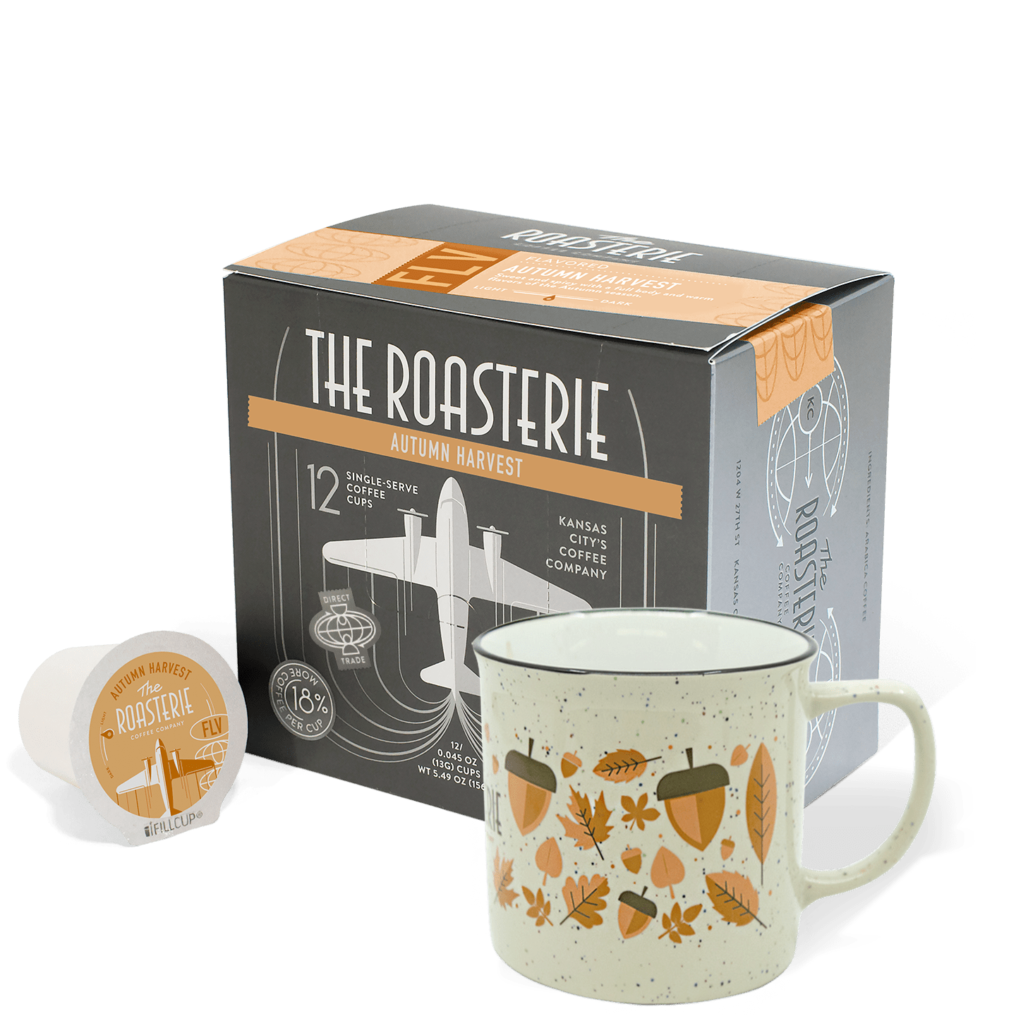 Autumn Harvest Single Serve Bundle with coffee pods and a fall-themed mug featuring acorns and leaves design