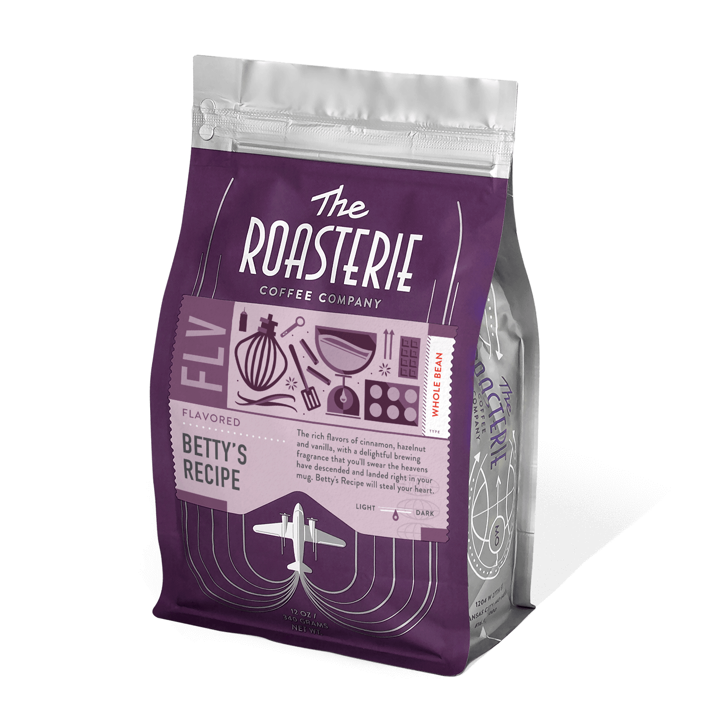 Bettys Recipe coffee bag from The Roasterie featuring a purple and silver design with vintage kitchen illustrations, showcasing their flavored blend with cinnamon, hazelnut and vanilla notes, in a resealable standing pouch