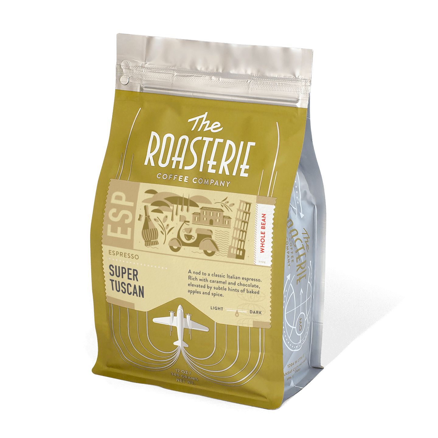 Super Tuscan Espresso coffee bag from The Roasterie, featuring a gold-toned design with vintage-style illustrations and resealable packaging, showcasing an Italian-inspired blend with caramel and chocolate notes in a premium whole bean format.