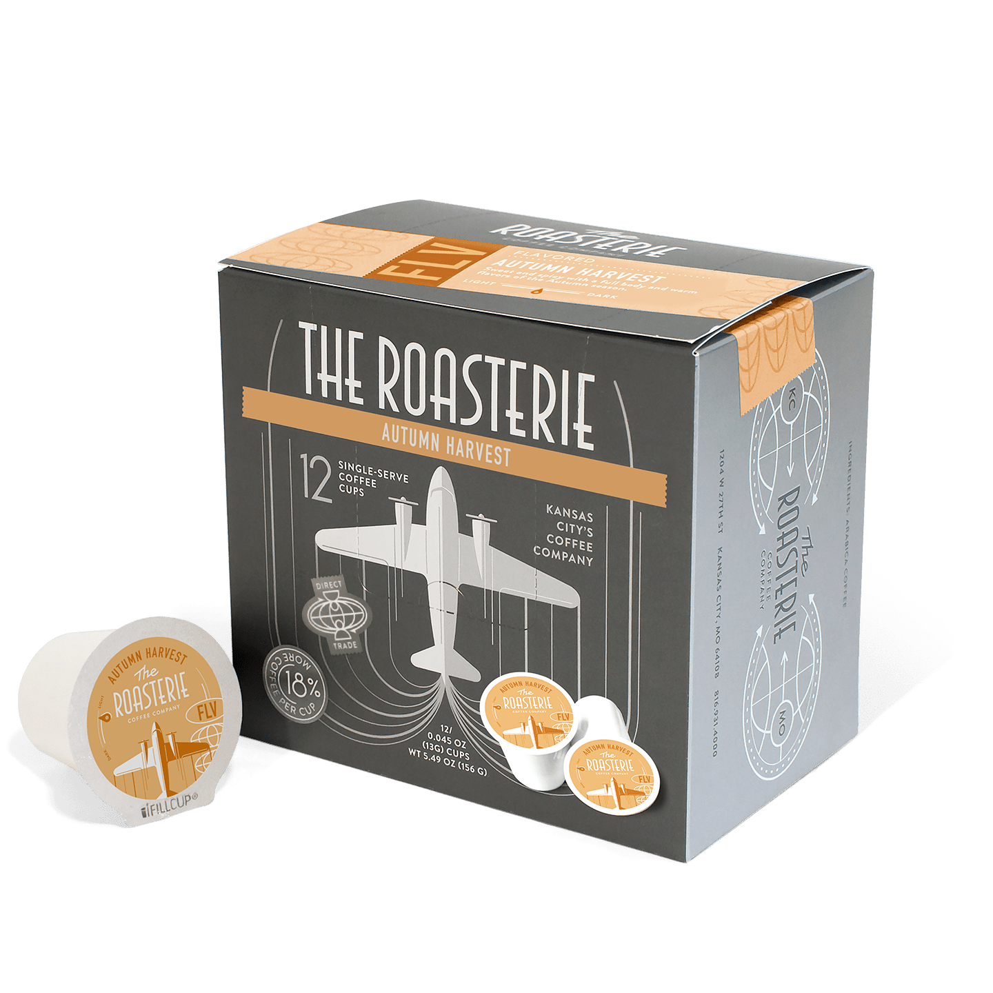 Box of Autumn Harvest Single Serve Pods coffee with one pod displayed in front on white background