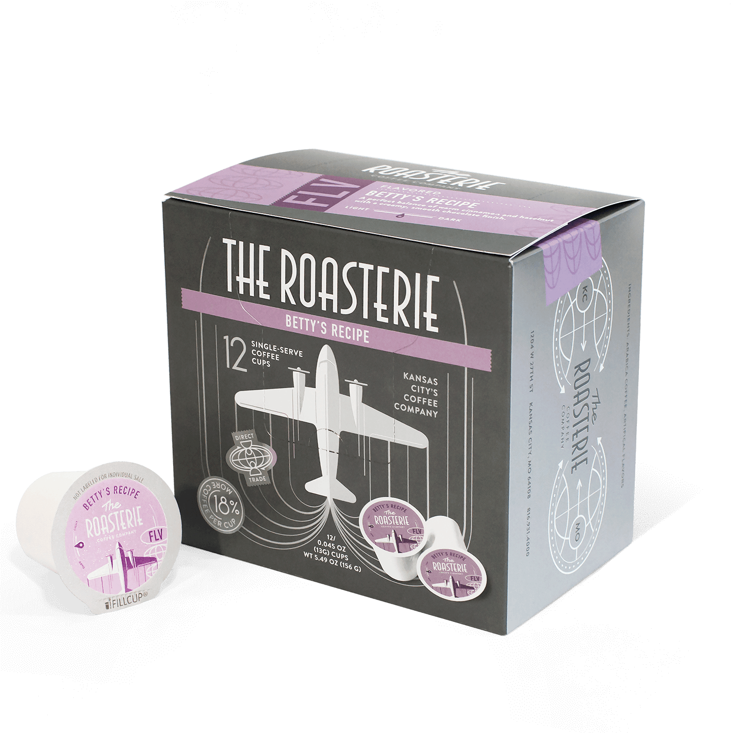 Betty's Recipe Flavored Single Serve coffee pods box with vintage airplane design in gray and purple colors, featuring 12 single-serve pods with hazelnut and cinnamon flavoring. Box displays The Roasterie brand logo and artistically incorporates coffee-related graphics and product information.