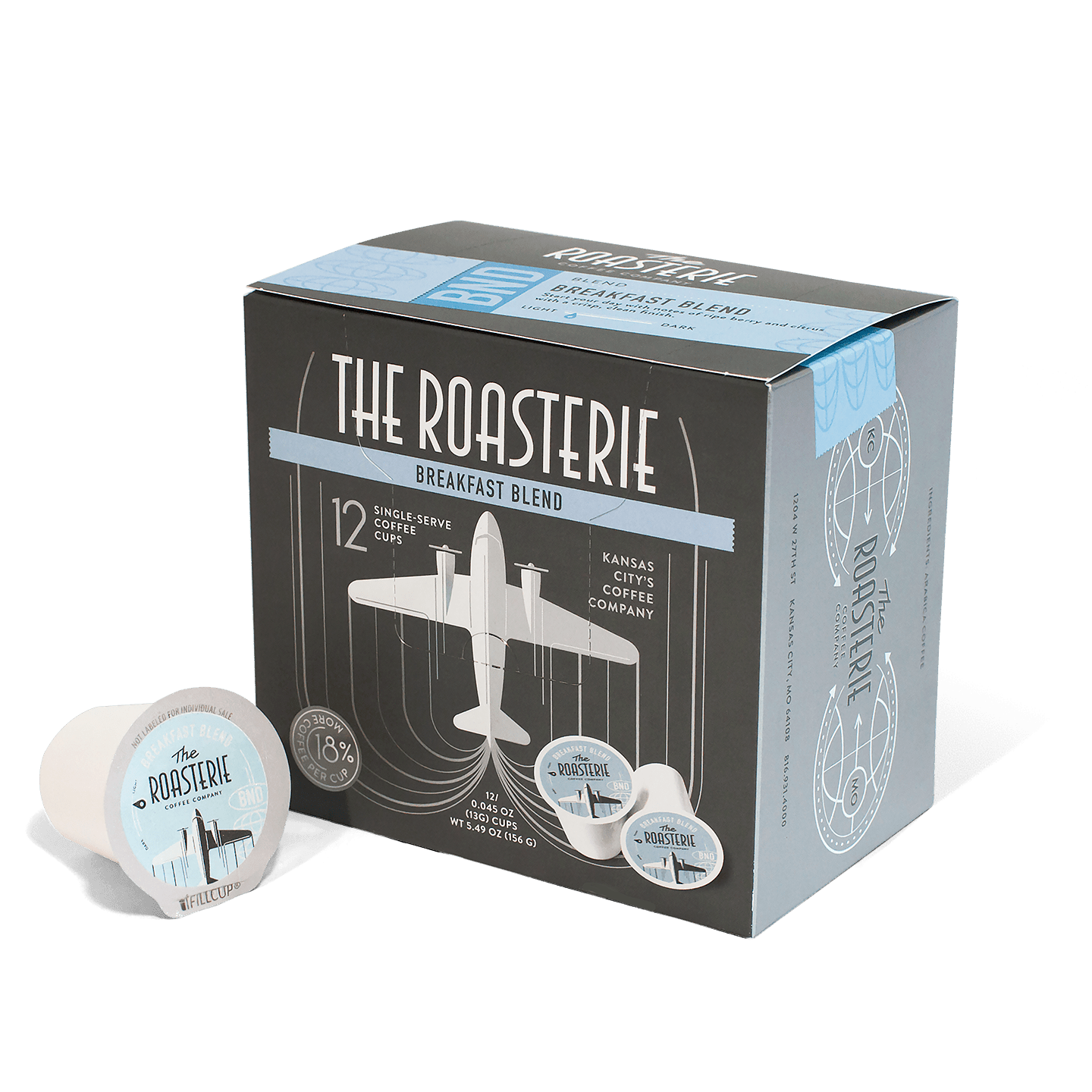 Breakfast Blend Single Serve coffee pods from The Roasterie featuring vintage airplane design on black and blue box packaging, with 12-count single-serve pods displaying retro aviation theme and company branding