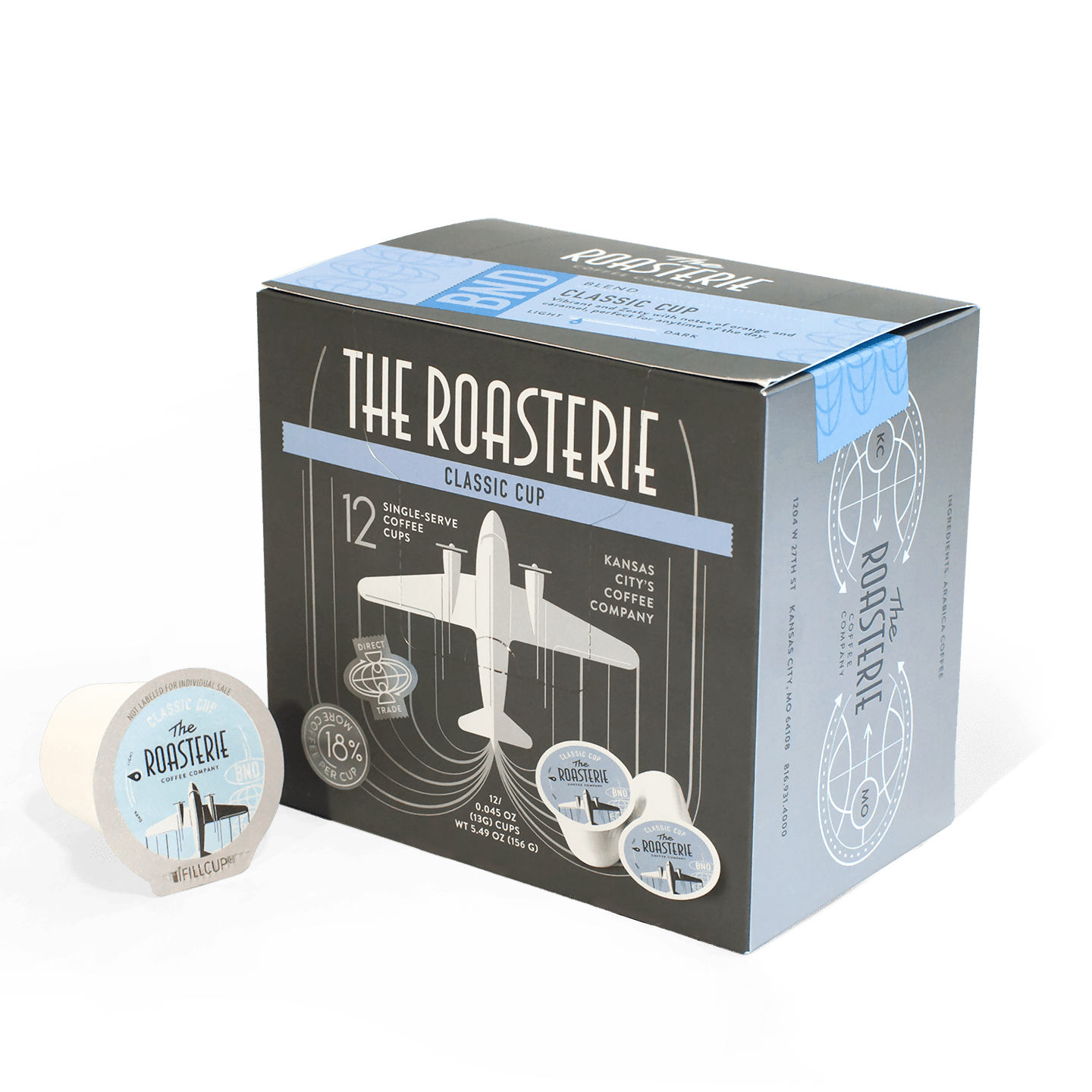 Classic Cup Cafe Blend Single Serve coffee pods in a stylish black and blue box featuring vintage airplane design. Box contains 12 proprietary coffee pods with single serve pod visible in foreground. The Roasterie brand packaging showcases retro aviation-themed artwork and company logo.