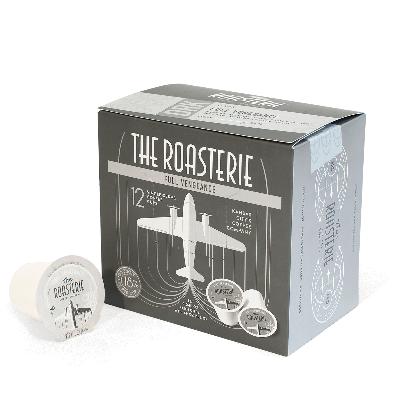 Box of The Roasterie Full Vengeance Single Serve coffee cups with one cup displayed beside it on a white background