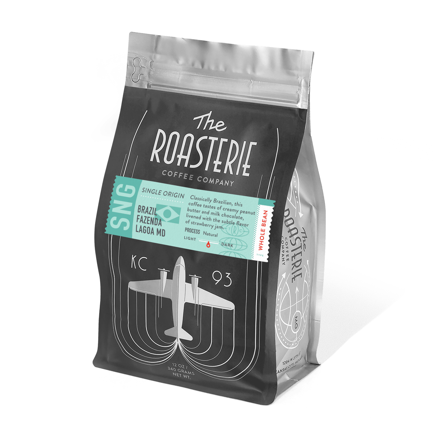 Brazil Fazenda Lagoa coffee bag from The Roasterie featuring distinctive black packaging with turquoise label and vintage airplane design. Package displays single-origin coffee details and KC 93 branding on resealable bag.
