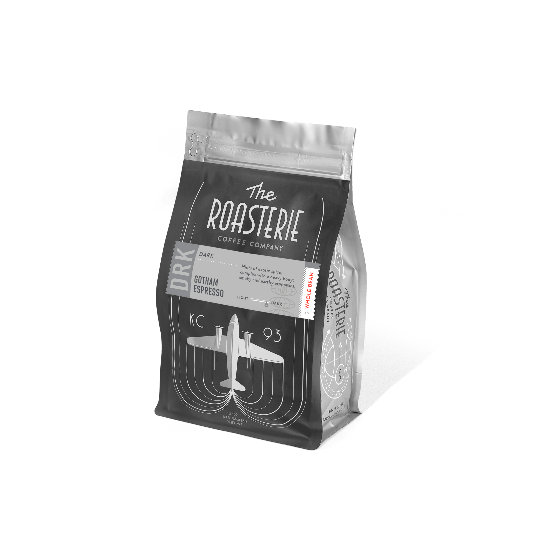 Bag of Gotham Espresso coffee by The Roasterie, dark roast with exotic spice and chocolate notes.