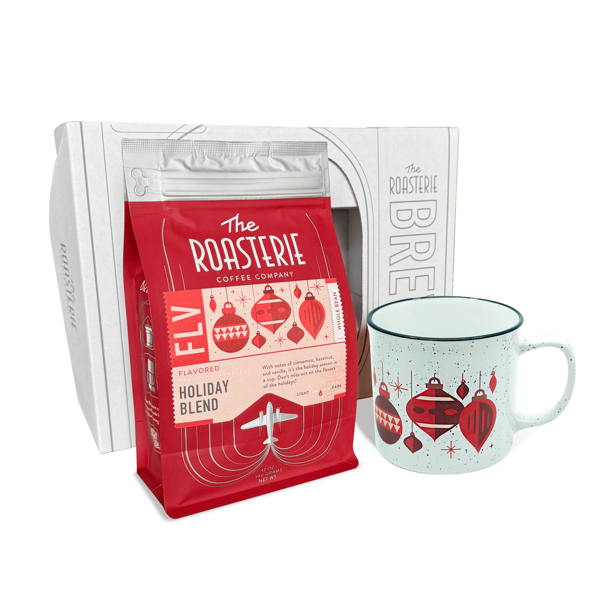 Holiday Brew Bundle featuring 12oz Holiday Blend coffee with cinnamon, hazelnut, vanilla notes and festive holiday mug.