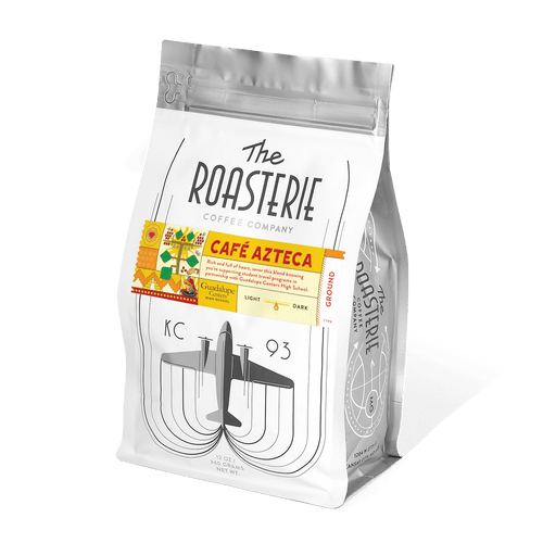 Café Azteca ground coffee bag with airplane design and description of rich cocoa caramel and spiced nut flavors.