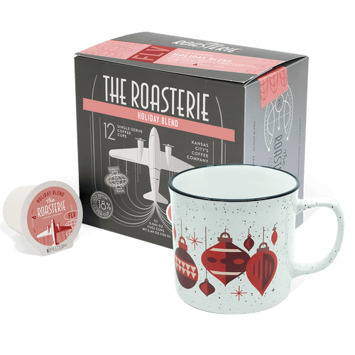 Holiday Blend Single Serve Bundle with festive holiday mug and 12 coffee pods featuring cinnamon hazelnut and vanilla flavors